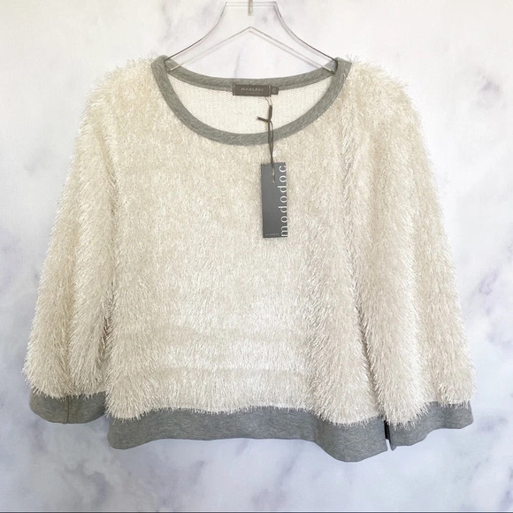 Mododoc Eyelash 3/4 Sleeve Sherpa Ivory‎ Sweatshirt - Picture 6 of 7